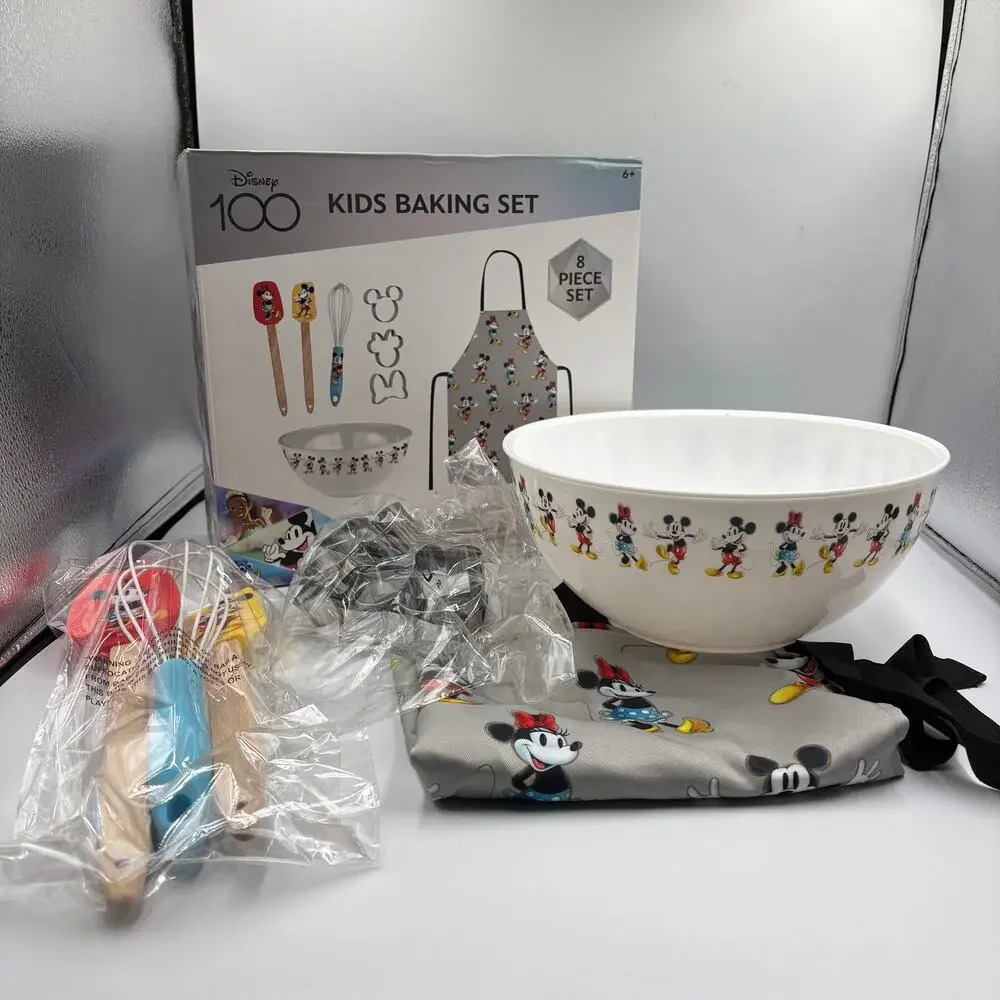 Disney Kid's Baking Set 8 Pc New NIB Aprion Bowl Utensils Cookie Cutteres